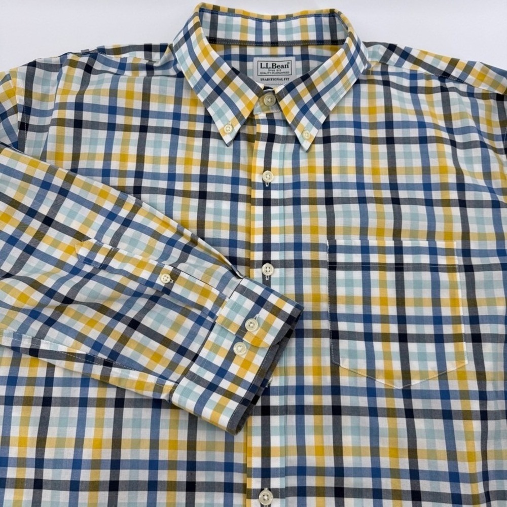 LL Bean Button Down Shirt Mens XL-Tall Plaid Traditional Fit Blue Yellow Cotton